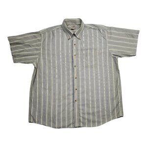 L.L.Bean Mens Olive Green Striped Short Sleeve Button Down Shirt XL Normcore Dad